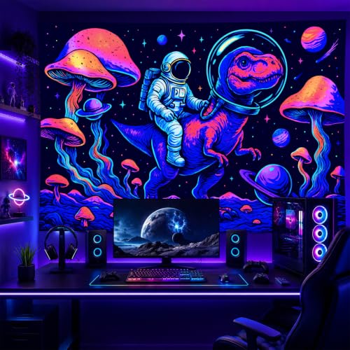 Blacklight Tapestry Astronaut Dinosaur Wall Art 78 x 59 Inch