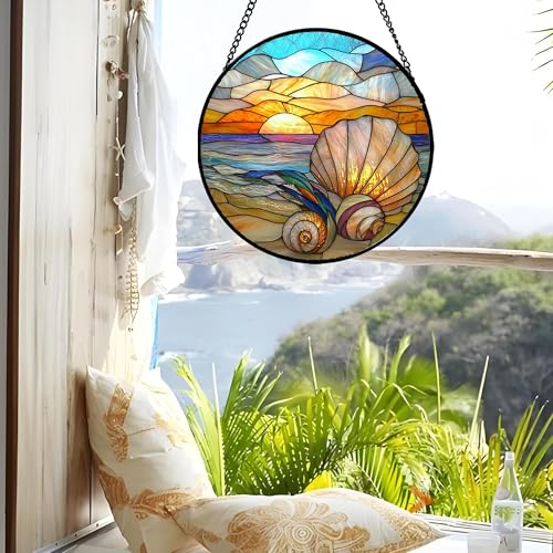 Ocean Stained Glass Window Hanging Suncatcher Beach Gifts for Women 12"