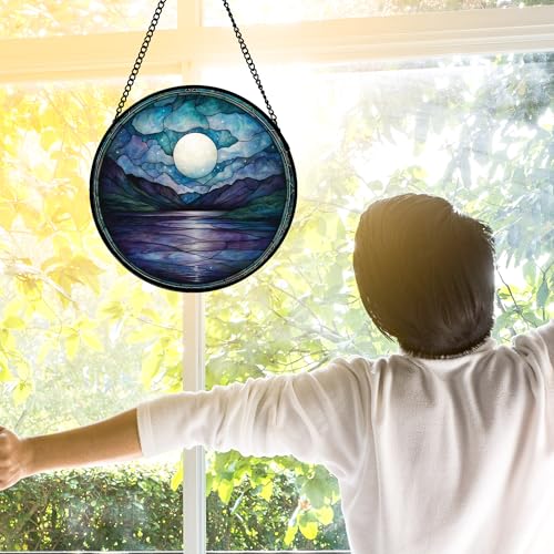 Blue Moon Lake Stained Glass Window Hanging Suncatcher Gift for Women 7.8"