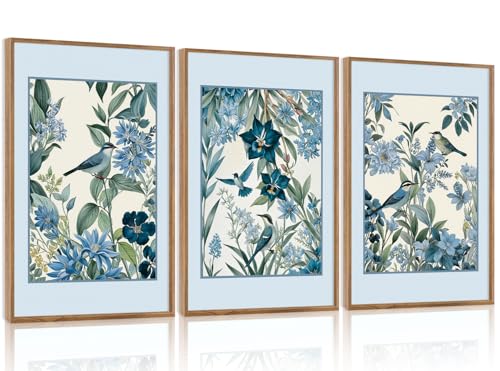 3 Pcs Blue Birds Flowers Framed Canvas Wall Art 24x36 Inch