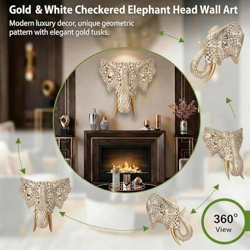 9x7.8 Inch Vintage Mosaic Elephant Head Wall Sculpture Art Mount Statue for Room Bedroom Office Living Decor