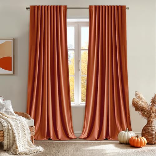 Fall Burnt Orange Velvet Blackout Curtains Pinch Pleat 52" Wx108 L (2 Count)