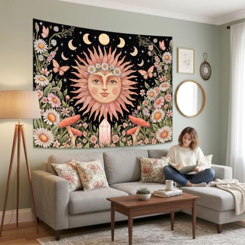 Boho Pink Sun Moon Phase Daisy Flower Floral Tapestry 60 x 44 Inch