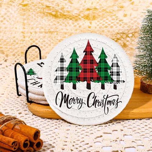 4Pcs Merry Christmas Cup Coasters Handmade Braided Cotton Drink Coasters Xmas Buffalo Plaid Anti Slip Absorbent Tabletop Protection for Home Office Party Tableware (4 Count)
