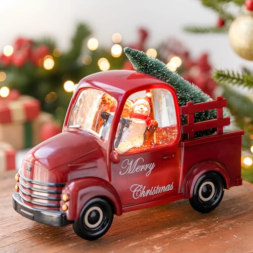 Christmas Snow Water Lantern Glittering Snowman and Pup in Red Truck with Christmas Tree