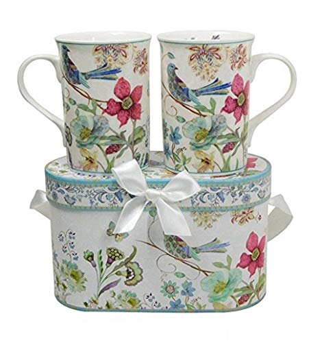 Elegant Bone China Two Coffee Mugs set in Blue bird design (2 Count)