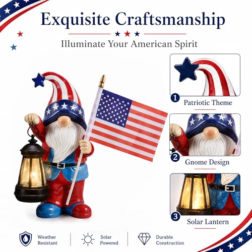 Solar Patriotic Gnomes Statues with Flag for Garden Decor