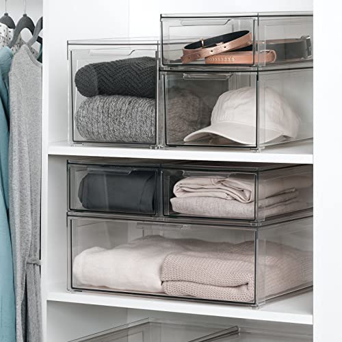 Plastic Stackable Closet Storage Organizer Bin Containers with Front Pull Drawer for Cabinet (3 Count)