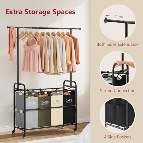 Laundry Sorter Cart with Hanging Clothes Rack