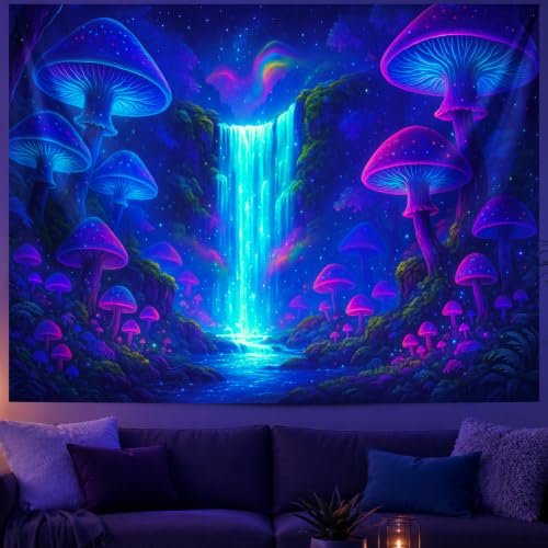 Blacklight Tapestry Forest Waterfall Wall Art 78 x 59 Inch
