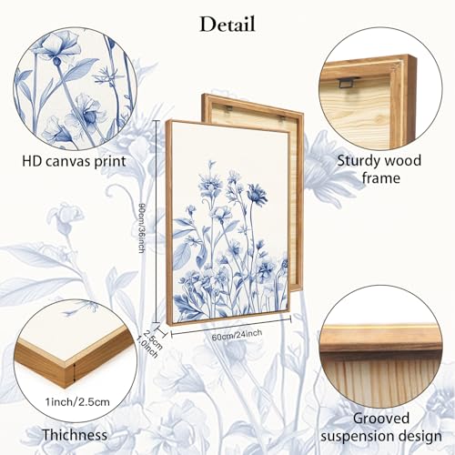Vintage Blue Bird Flower Framed Canvas Wall Art
