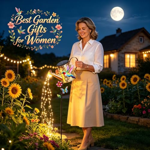 Solar Watering Can with Cascading Lights Outdoor Hummingbird Garden Decor