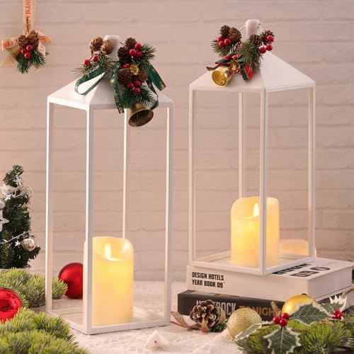 White Decorative Lantern Decor 17" 13" Set of 2 Wedding Lantern with Candle (2 Count)