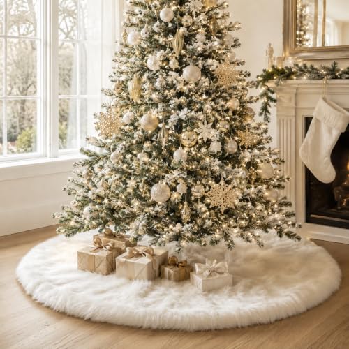 60 Inch Faux Fur Christmas Tree Skirt White Plush Skirt for Merry Christmas Party Christmas Tree Decoration