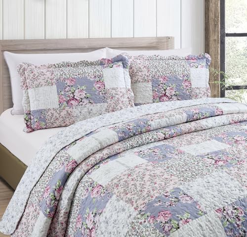 Blue & Pink Roses Toile Lively Patchwork Quilt Set