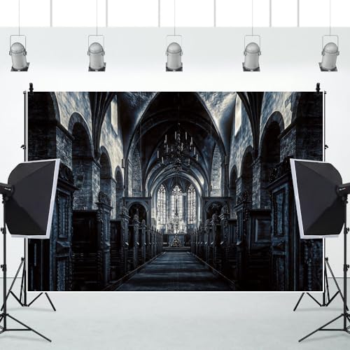 12x10ft Scary Church Halloween Backdrop Dark Black Horror Gothic Medieval Castle Interior Photography Background Halloween Night Carnival Theme Party Decor Banner Photo Studio Props