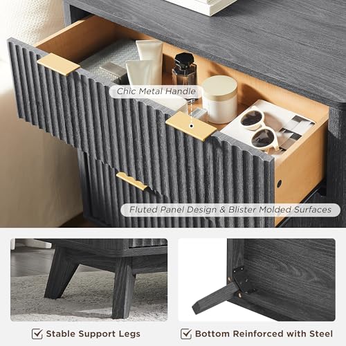 32" Large Fluted Nightstand with 3 Drawers Set of 2