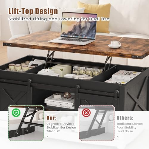 48" Farmhouse Lift Top Coffee Table with Storage Sliding Barn Door & Large Hidden Compartment