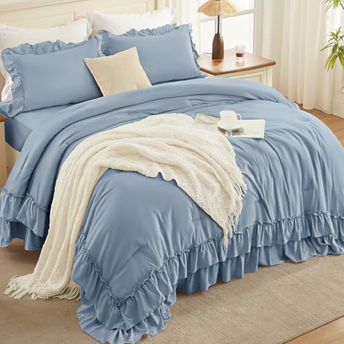 Grayish Blue Twin Size Ruffle Comforter Set