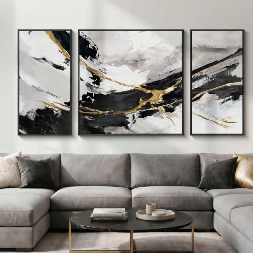 Extra Large Framed Black White and Gold Abstract Wall Art for Living Room (3 Count)