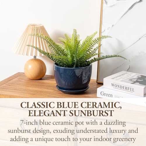 7 Inch Round Blue Ceramic Plant Pot with Drainage Hole and Attached Saucer