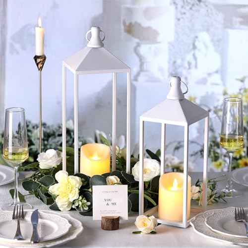 White Decorative Lantern Decor 17" 13" Set of 2 Wedding Lantern with Candle (2 Count)
