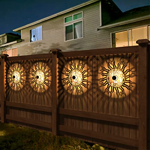 4 Pack Solar Fence Lights Metal Solar Powered Outdoor Wall Deck Lights Sun Moon Theme Waterproof Fence Light for Garden Post Patio Backyard Yard Decor (4 Count)