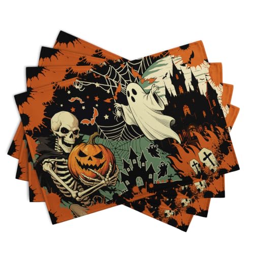 Halloween Skeleton Ghost Placemats Set of 4 12x18 Inch Spooky Pumpkin Bat Table Mats Vintage Rustic Farmhouse Place Mats for Party Kitchen Dining Decor (4 Count)
