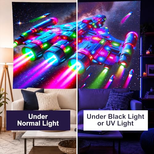 Blacklight Tapestry Spacecraft Galaxy UV Wall Art 78 x 59 Inch
