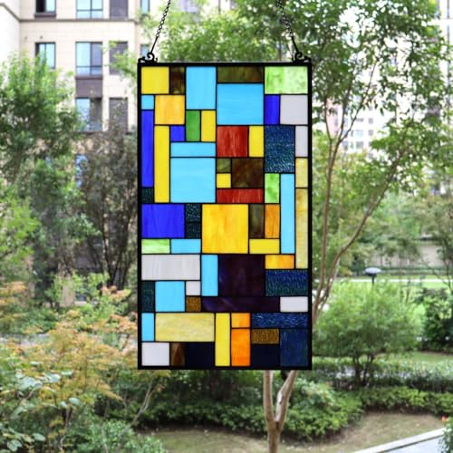 Geometric Color Block Tiffany Style Stained Glass Window Panel with Hanging Chain