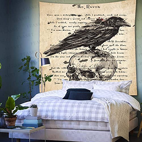 Raven Tapestry Gothic Skull and Raven Dictionary Tapestry Rustic Room Mural Posters 51x60 Inches for Living Room Bedroom Home Dorm