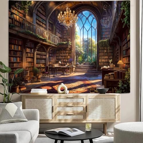 Vintage Library Tapestry Medieval Bookshelf Tapestries Wall Hanging Fantasy Academia Hall Book Backdrop Small Tapestry for Bedroom Living Room Dorm Classroom 60 x 44 inch
