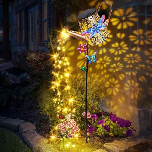 Solar Watering Can Lights with Dragonfly Outdoor Garden Stake Light Decor