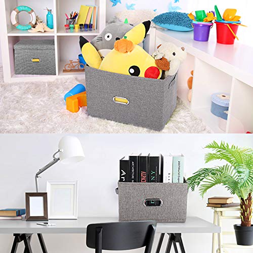 Large Linen Collapsible Storage Bins with Removable Lids and Handles