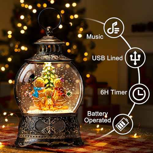 Christmas Snow Globe Water Lantern with Gingerbread Scene Battery Operated or USB Powered Musical Lighted Holiday Decoration for Tabletop Display for Family and Friends