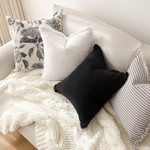 Decorative Linen Fringe Lumbar Throw Pillow Covers 12×20 Black (2 Count)