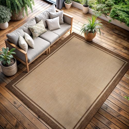 Outdoor Rug 8x10 Bordered Natural Brown Modern Area Rugs for Indoor and Outdoor Patios (80 Sq Ft)