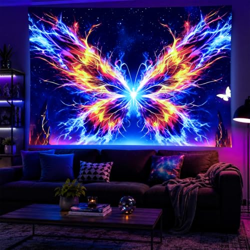 Blacklight Tapestry Butterfly Starry UV Backdrop 78 x 59 Inch