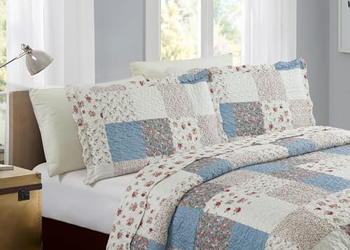 Pink Roses & Blue Checks Patchwork Quilt Set