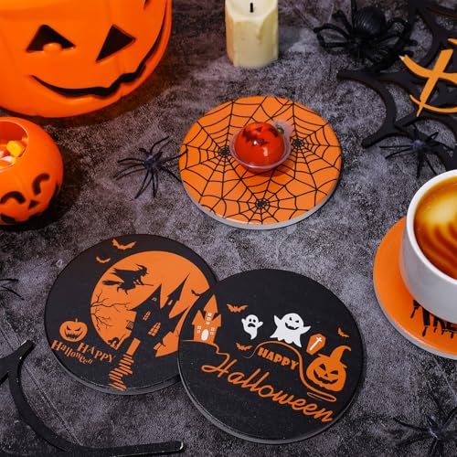 4Pcs Halloween Coasters Orange Black Round Ceramic Coaster Trick or Treat Heat (4 Count)