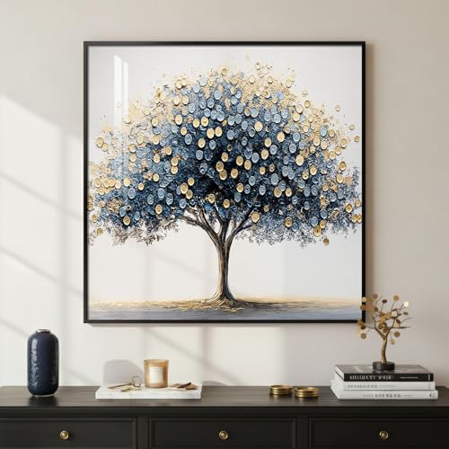 Framed Modern Luxury Blue and Gold Tree of Life Wall Art