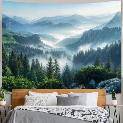 Nature Forest Mountain Tapestry Green Misty Pine Tree Tapestry for Bedroom Aesthetic Foggy Woodlands Sky Landscape Tapestries Wall Hanging for Living Room Dorm 60 x 44 Inch