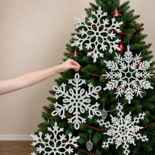 12pcs Large Silver Snowflakes Ornaments 12” Big Plastic Glitter Snowflake for Winter Indoor Outdoor Christmas Tree Window Room Decorations Giant Craft Snowflakes (12 Count)