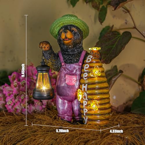 Honey Bear Garden Statue with Lighted Beehive & Lantern
