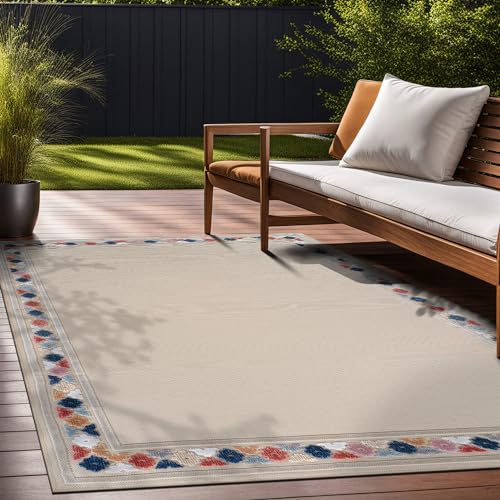 Outdoor Rug 4x6 Modern Bordered Area Rugs for Indoor and Outdoor Patio Easy to Clean Non Shedding Living Room Porch Garden Washable Outside Carpet