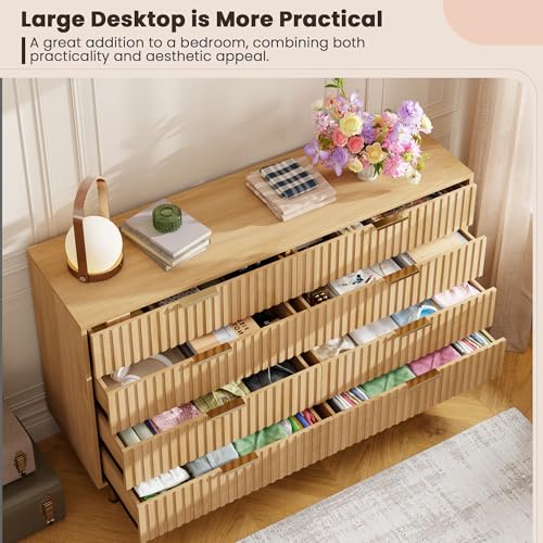 55" Fluted Natural 8 Drawer Dresser for Bedroom with Deep Drawer