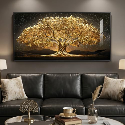 Large Framed Black and Gold Tree of Life Wall Art for Living Room
