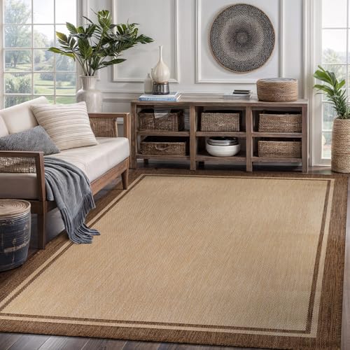 Outdoor Rug 6x9 Bordered Natural Brown Modern Area Rugs for Indoor and Outdoor Patios (59.25 Sq Ft)