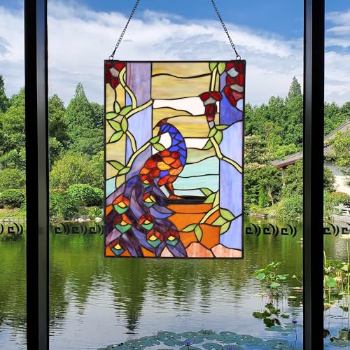 Stained Glass Window Hanging 16" H x 11" W Tiffany Style Rectangular Window Panel Suitable for Living Room Bedroom Kitchen Window Decoration Hangings with Chain
