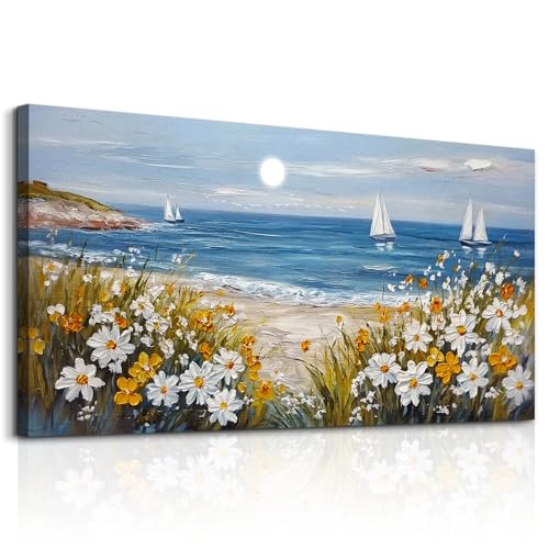 Large Vintage Landscape Painting Home Decor Blue Ocean Beach Painting Living Room Decorative Wall Art Modern Print Canvas White Flowers Farmhouse Office Bedroom Wall Decor 30 X 60 Inches